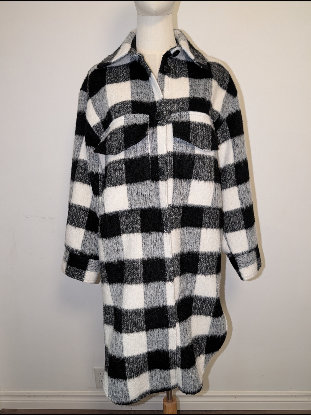 Black & White Unlined Wool Blend Plaid Shacket Coat